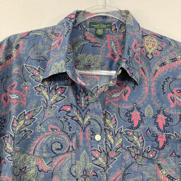 Lauren Ralph Lauren size 1X Blue Multi Paisley Rolled Sleeve Preppy Button Up - Picture 3 of 9